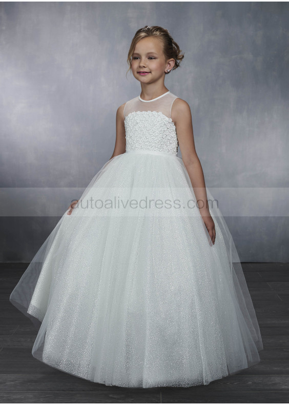 Illusion Neck Beaded Ivory Sparkle Tulle 3D Flowers Flower Girl Dress